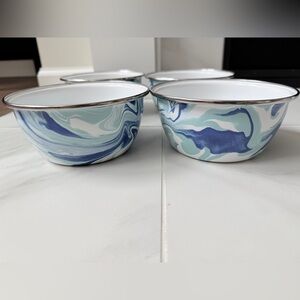 Set Of 4 Golden Rabbit Lagoon Enameled Marbled Blue Swirl Cereal Bowls